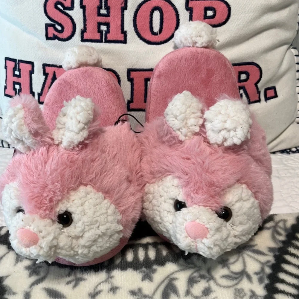 Pink Bunny Slippers Girls Plush House Shoes 11/12 New Comfy